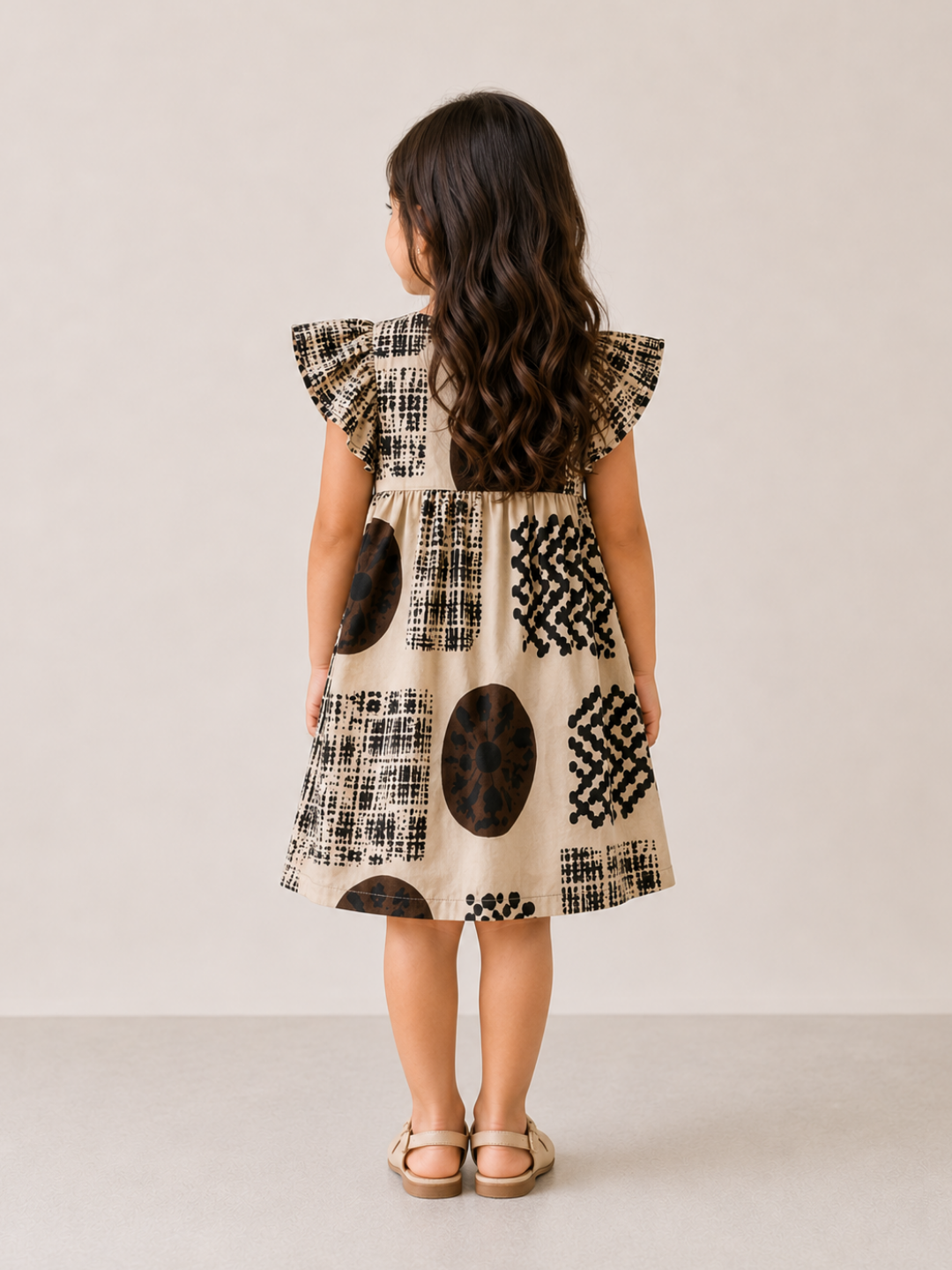 Girls Beige Abstract Print Ruffle Dress | Designer Cotton Party Frock for Toddlers & Kids (1–5 Years)