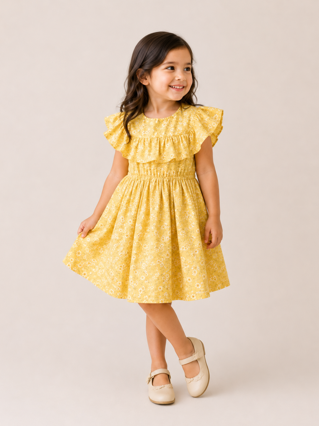 Girls Yellow Floral Print Ruffle Dress | Cotton Party Frock for Toddlers & Kids (1–5 Years)
