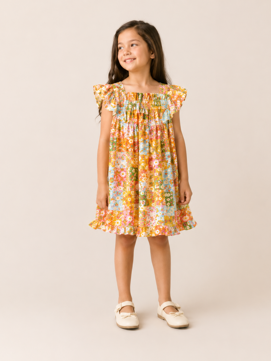 Girls Multicolor Floral Patchwork Dress | Smocked Cotton Summer Frock with Flutter Sleeves (1–5 Years)