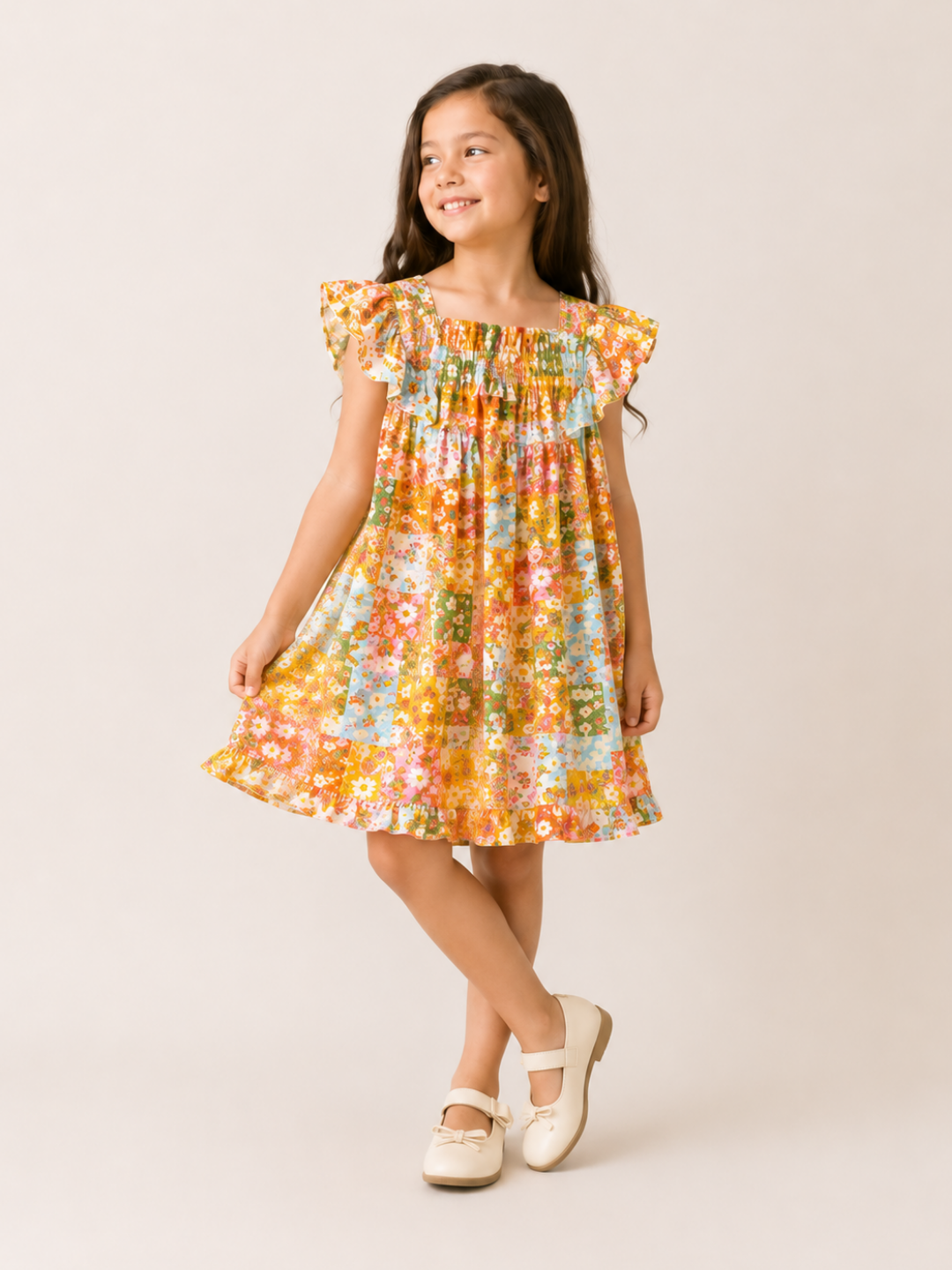 Girls Multicolor Floral Patchwork Dress | Smocked Cotton Summer Frock with Flutter Sleeves (1–5 Years)