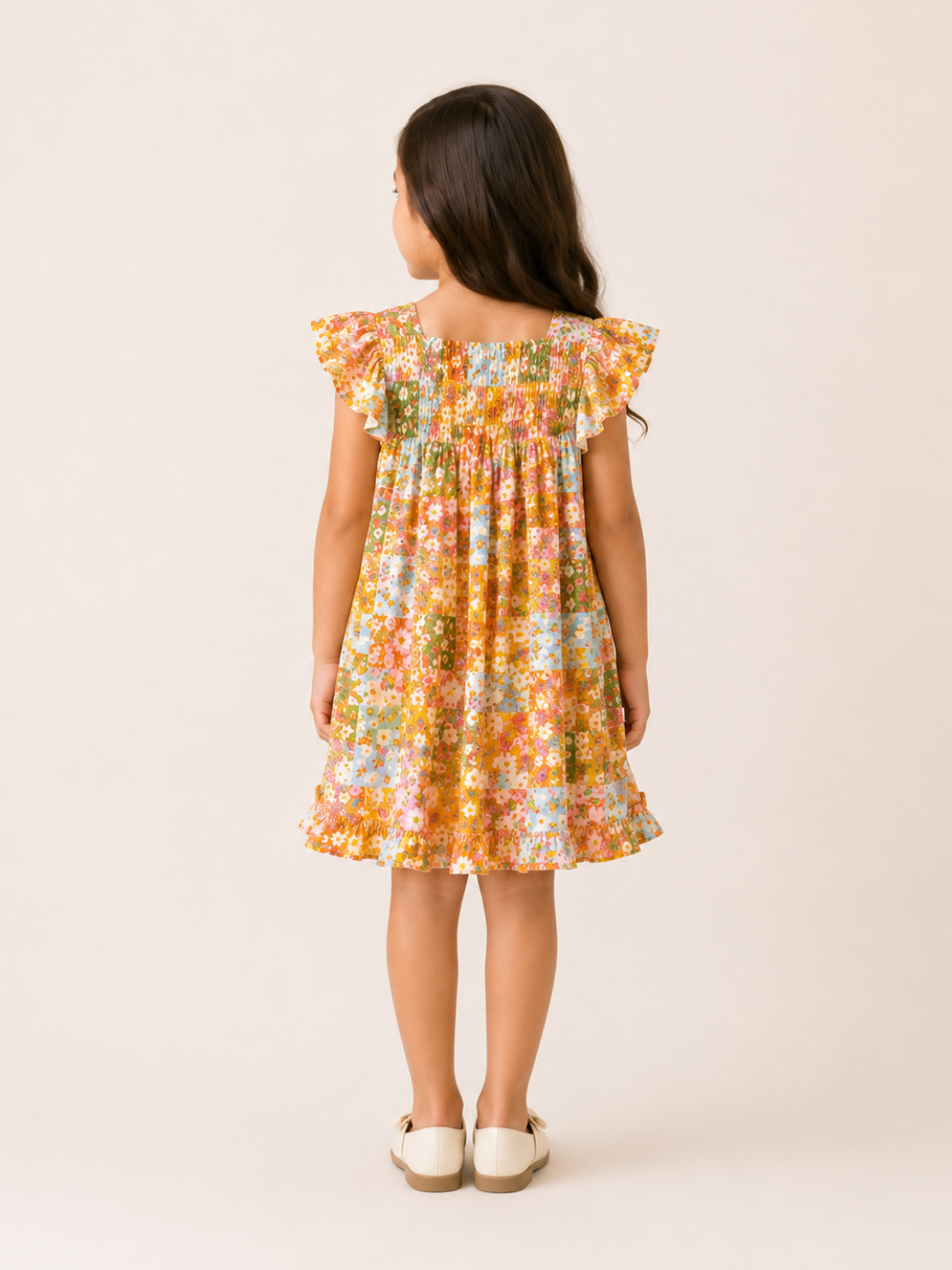 Girls Multicolor Floral Patchwork Dress | Smocked Cotton Summer Frock with Flutter Sleeves (1–5 Years)