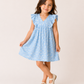 Girls Sky Blue Floral Print Dress | Cotton V-Neck Ruffle Sleeve Summer Frock (1–5 Years)