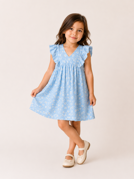 Girls Sky Blue Floral Print Dress | Cotton V-Neck Ruffle Sleeve Summer Frock (1–5 Years)