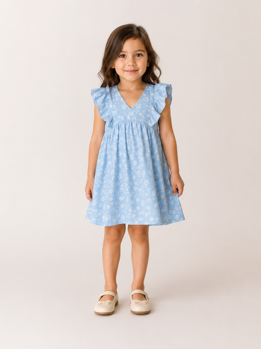 Girls Sky Blue Floral Print Dress | Cotton V-Neck Ruffle Sleeve Summer Frock (1–5 Years)