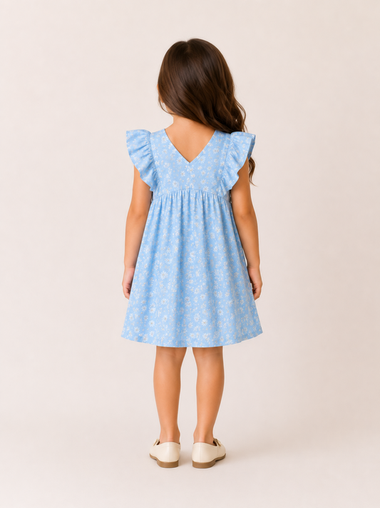 Girls Sky Blue Floral Print Dress | Cotton V-Neck Ruffle Sleeve Summer Frock (1–5 Years)