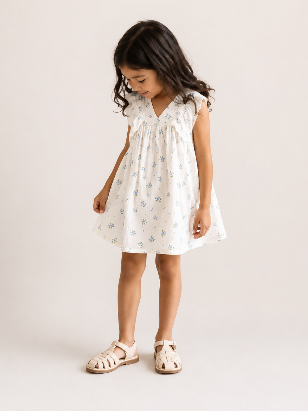 Girls White Floral Print Dress | Cotton V-Neck Ruffle Sleeve Summer Frock (1–5 Years)
