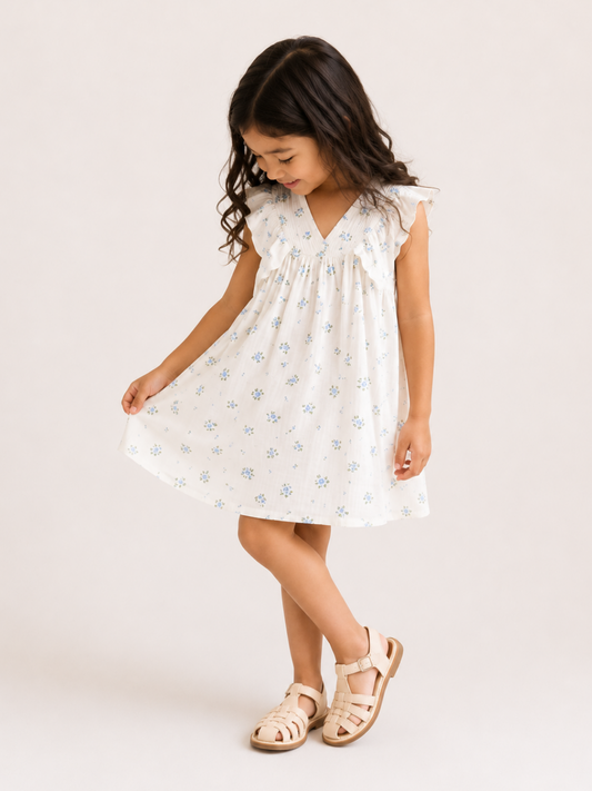 Girls White Floral Print Dress | Cotton V-Neck Ruffle Sleeve Summer Frock (1–5 Years)