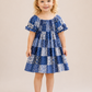 Girls Blue Patchwork Print Smocked Dress | Cotton Puff Sleeve Party Frock for Toddlers & Kids (2–8 Years)