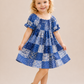Girls Blue Patchwork Print Smocked Dress | Cotton Puff Sleeve Party Frock for Toddlers & Kids (2–8 Years)