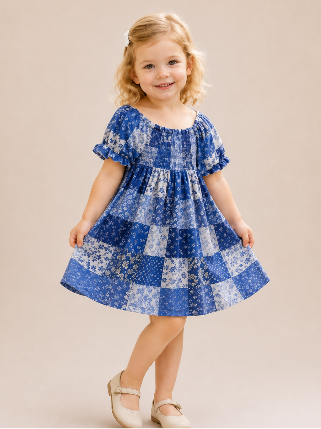 Girls Blue Patchwork Print Smocked Dress | Cotton Puff Sleeve Party Frock for Toddlers & Kids (2–8 Years)