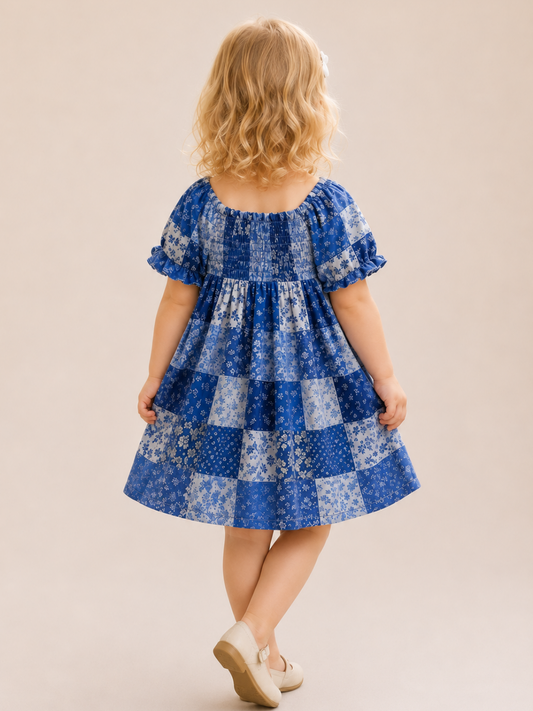 Girls Blue Patchwork Print Smocked Dress | Cotton Puff Sleeve Party Frock for Toddlers & Kids (2–8 Years)