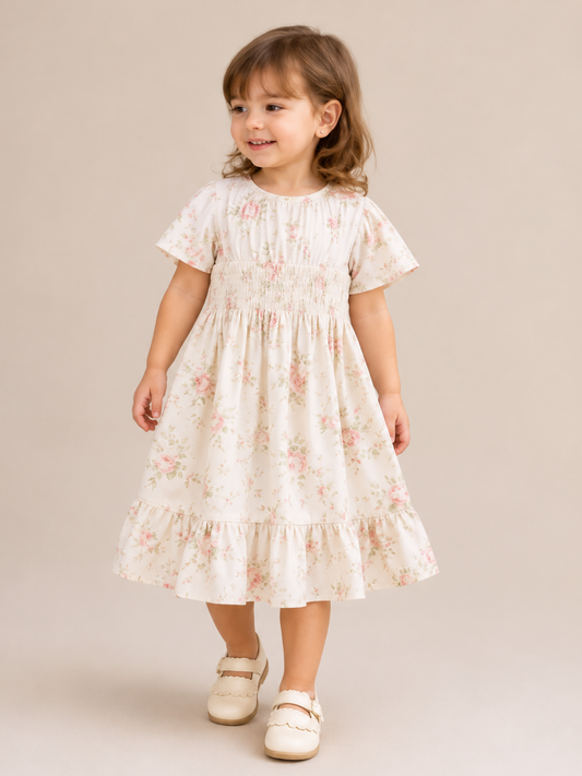 Girls White Floral Smocked Dress | Cotton Rose Print Party Frock with Ruffle Hem (2–8 Years)