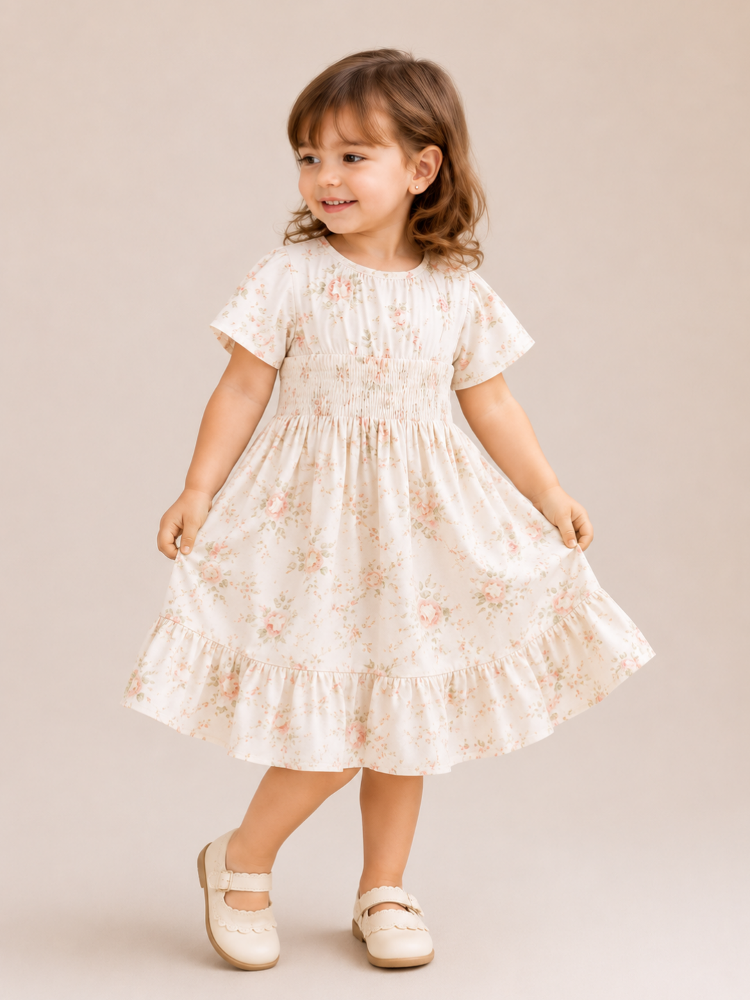 Girls White Floral Smocked Dress | Cotton Rose Print Party Frock with Ruffle Hem (2–8 Years)