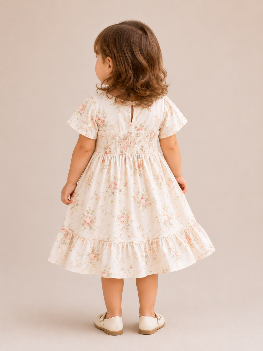 Girls White Floral Smocked Dress | Cotton Rose Print Party Frock with Ruffle Hem (2–8 Years)