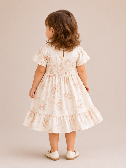 Girls White Floral Smocked Dress | Cotton Rose Print Party Frock with Ruffle Hem (2–8 Years)