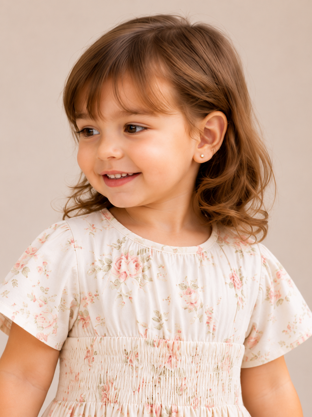 Girls White Floral Smocked Dress | Cotton Rose Print Party Frock with Ruffle Hem (2–8 Years)