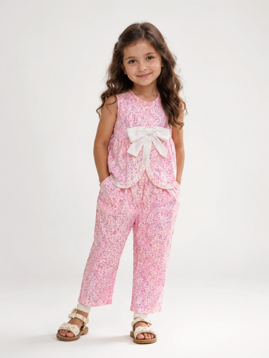 Girls Pink Floral Top & Pants Co-Ord Set | Sleeveless Cotton Bow Outfit for Toddlers & Kids (1–5 Years)