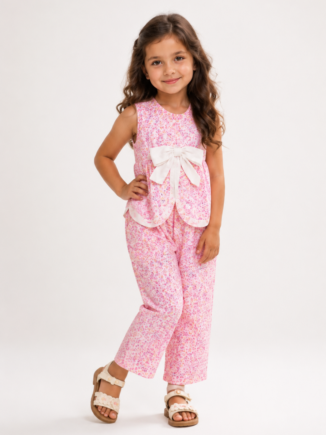Girls Pink Floral Top & Pants Co-Ord Set | Sleeveless Cotton Bow Outfit for Toddlers & Kids (1–5 Years)