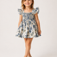 Girls Blue Floral Smocked Dress | Cotton Square Neck Flutter Sleeve Party Dress for Toddlers & Kids (1–5 Years)