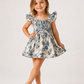 Girls Blue Floral Smocked Dress | Cotton Square Neck Flutter Sleeve Party Dress for Toddlers & Kids (1–5 Years)