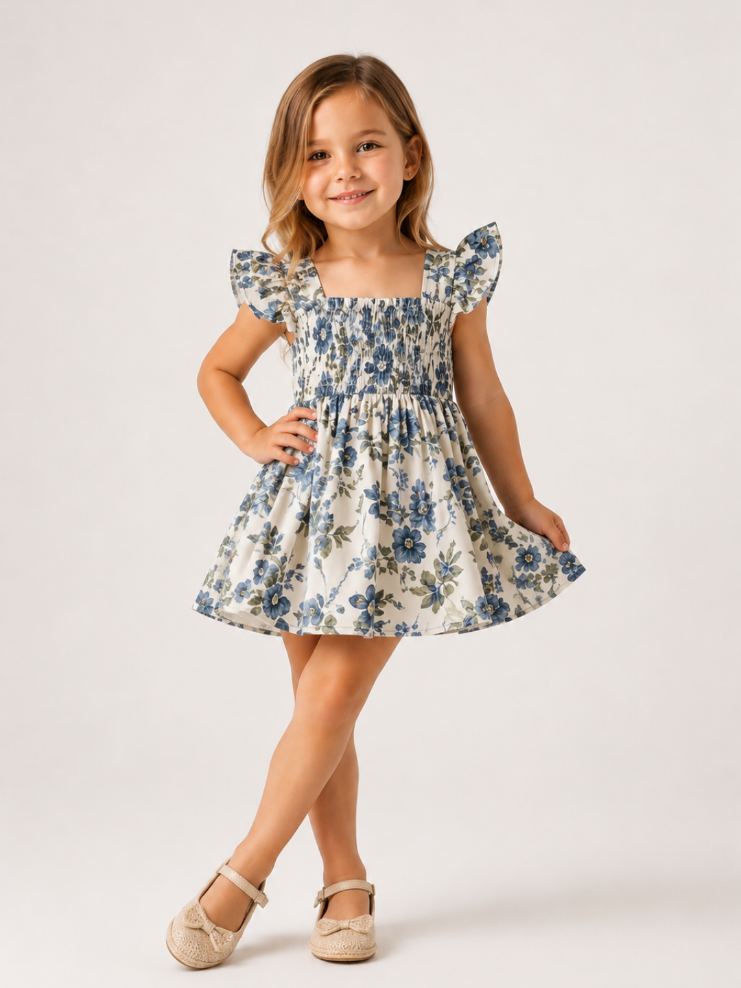 Girls Blue Floral Smocked Dress | Cotton Square Neck Flutter Sleeve Party Dress for Toddlers & Kids (1–5 Years)