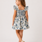 Girls Blue Floral Smocked Dress | Cotton Square Neck Flutter Sleeve Party Dress for Toddlers & Kids (1–5 Years)