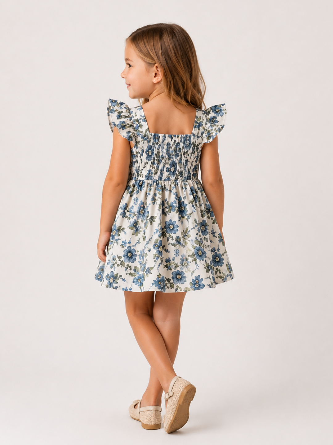 Girls Blue Floral Smocked Dress | Cotton Square Neck Flutter Sleeve Party Dress for Toddlers & Kids (1–5 Years)