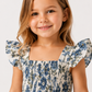 Girls Blue Floral Smocked Dress | Cotton Square Neck Flutter Sleeve Party Dress for Toddlers & Kids (1–5 Years)