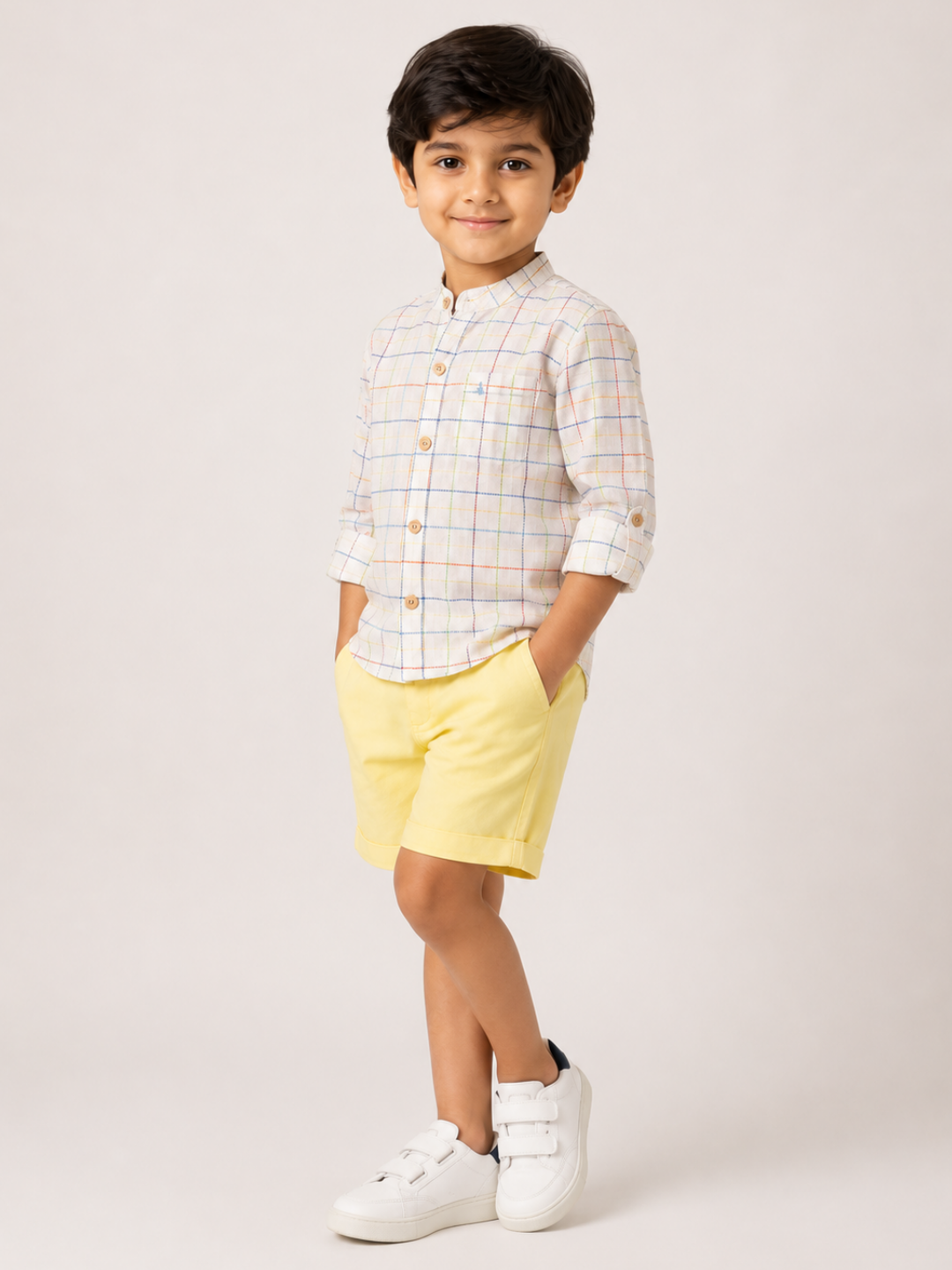 Boys Checked Cotton Shirt with Yellow Shorts Set | Premium Summer Co-Ord Outfit for Toddlers & Kids (2–8 Years)