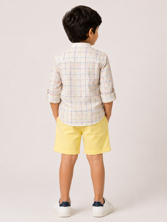 Boys Checked Cotton Shirt with Yellow Shorts Set | Premium Summer Co-Ord Outfit for Toddlers & Kids (2–8 Years)