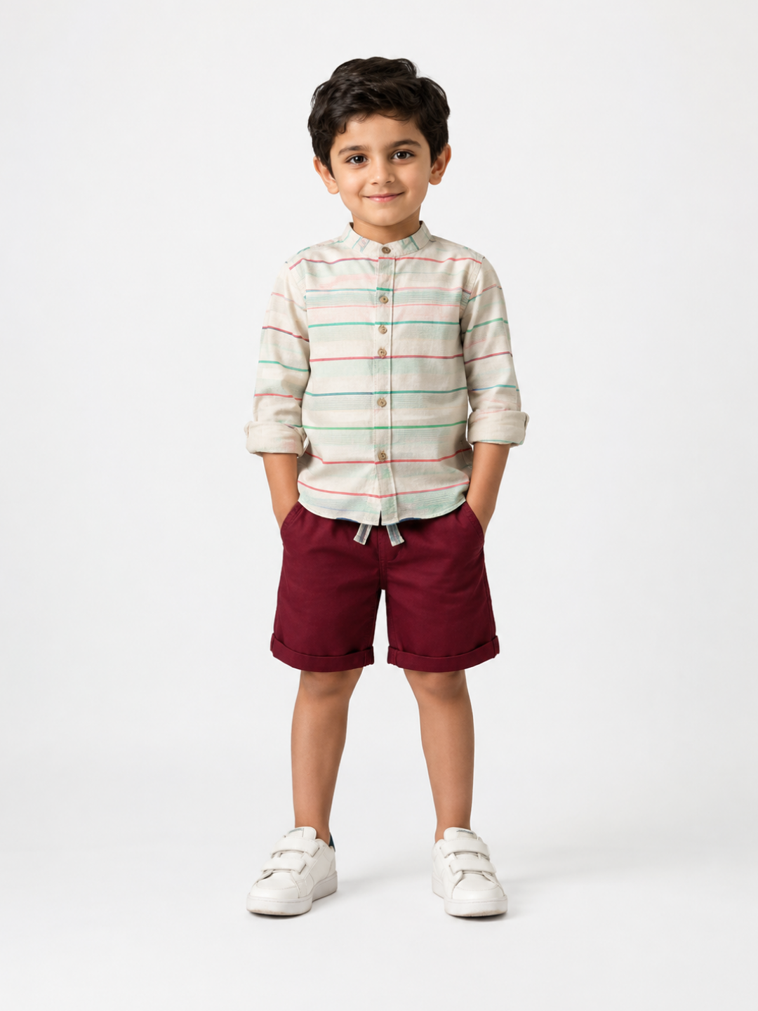Boys Striped Cotton Shirt with Maroon Shorts Set | Stylish Summer Co-Ord Outfit for Toddlers & Kids (2–8 Years)
