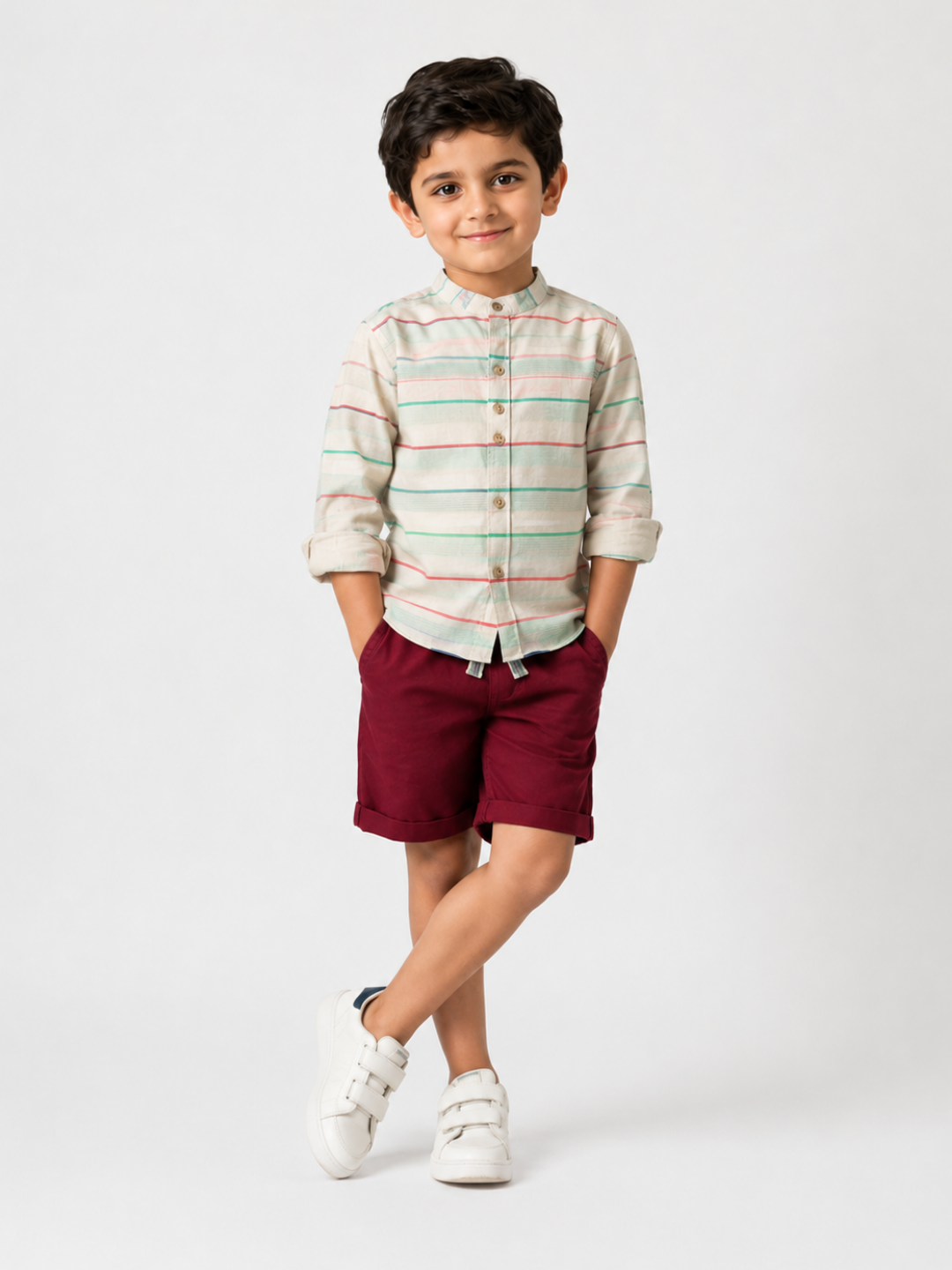 Boys Striped Cotton Shirt with Maroon Shorts Set | Stylish Summer Co-Ord Outfit for Toddlers & Kids (2–8 Years)