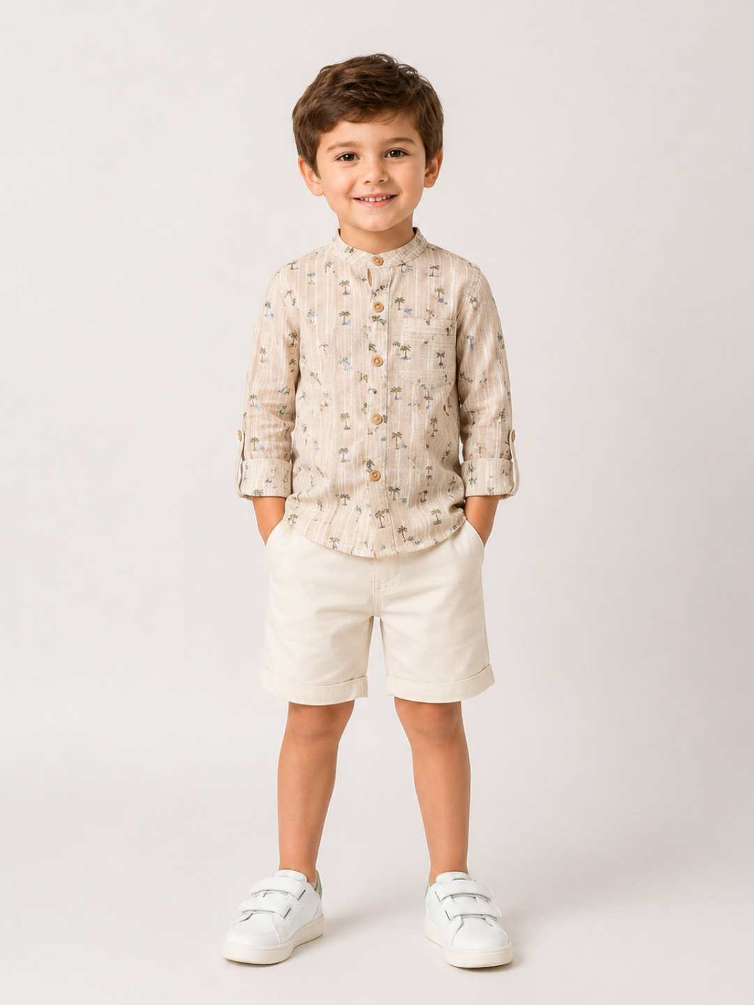 Boys Palm Print Cotton Shirt with White Shorts Set | Premium Summer Co-Ord Outfit for Toddlers & Kids (2–8 Years)