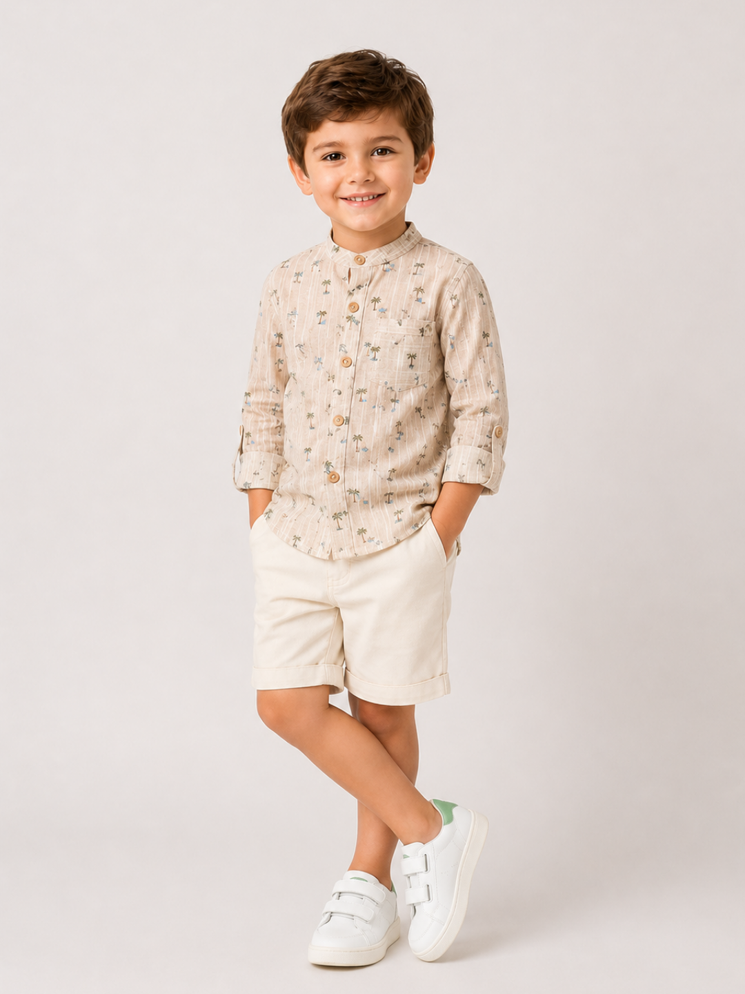 Boys Palm Print Cotton Shirt with White Shorts Set | Premium Summer Co-Ord Outfit for Toddlers & Kids (2–8 Years)