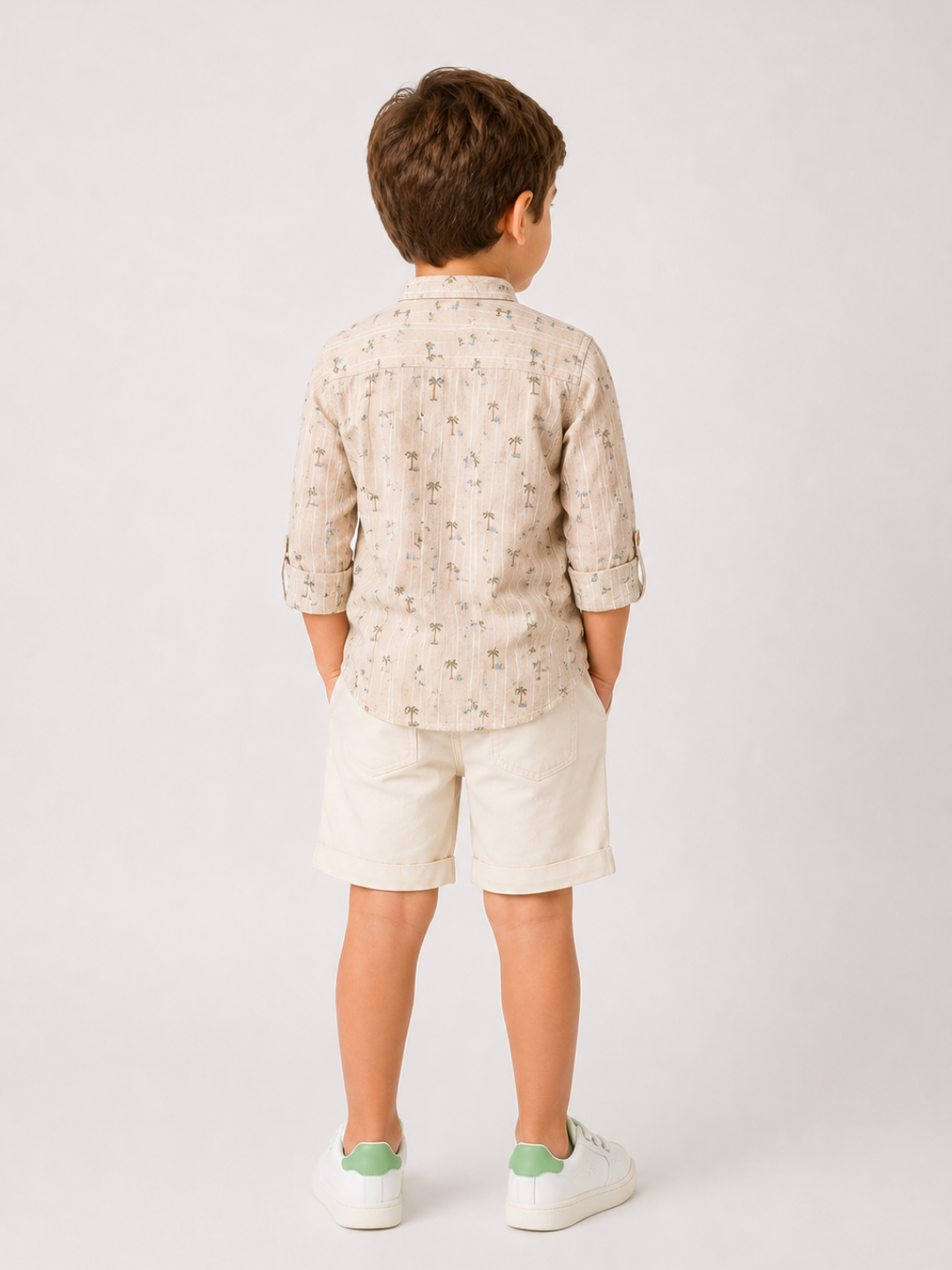 Boys Palm Print Cotton Shirt with White Shorts Set | Premium Summer Co-Ord Outfit for Toddlers & Kids (2–8 Years)