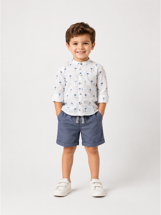 Boys Palm Tree Print Cotton Shirt with Blue Shorts Set | Premium Summer Co-Ord Outfit for Toddlers & Kids (2–8 Years)