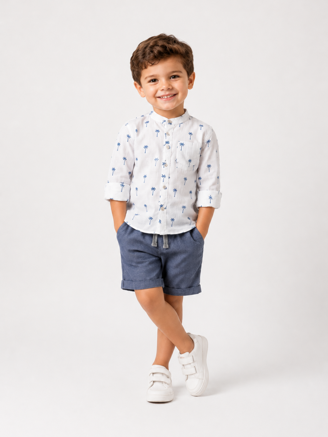 Boys Palm Tree Print Cotton Shirt with Blue Shorts Set | Premium Summer Co-Ord Outfit for Toddlers & Kids (2–8 Years)