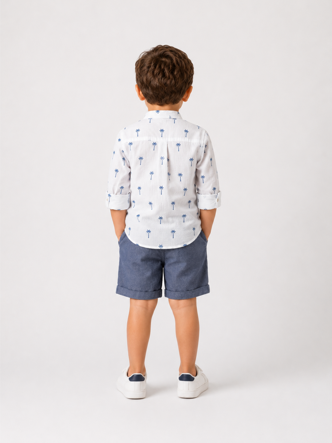Boys Palm Tree Print Cotton Shirt with Blue Shorts Set | Premium Summer Co-Ord Outfit for Toddlers & Kids (2–8 Years)