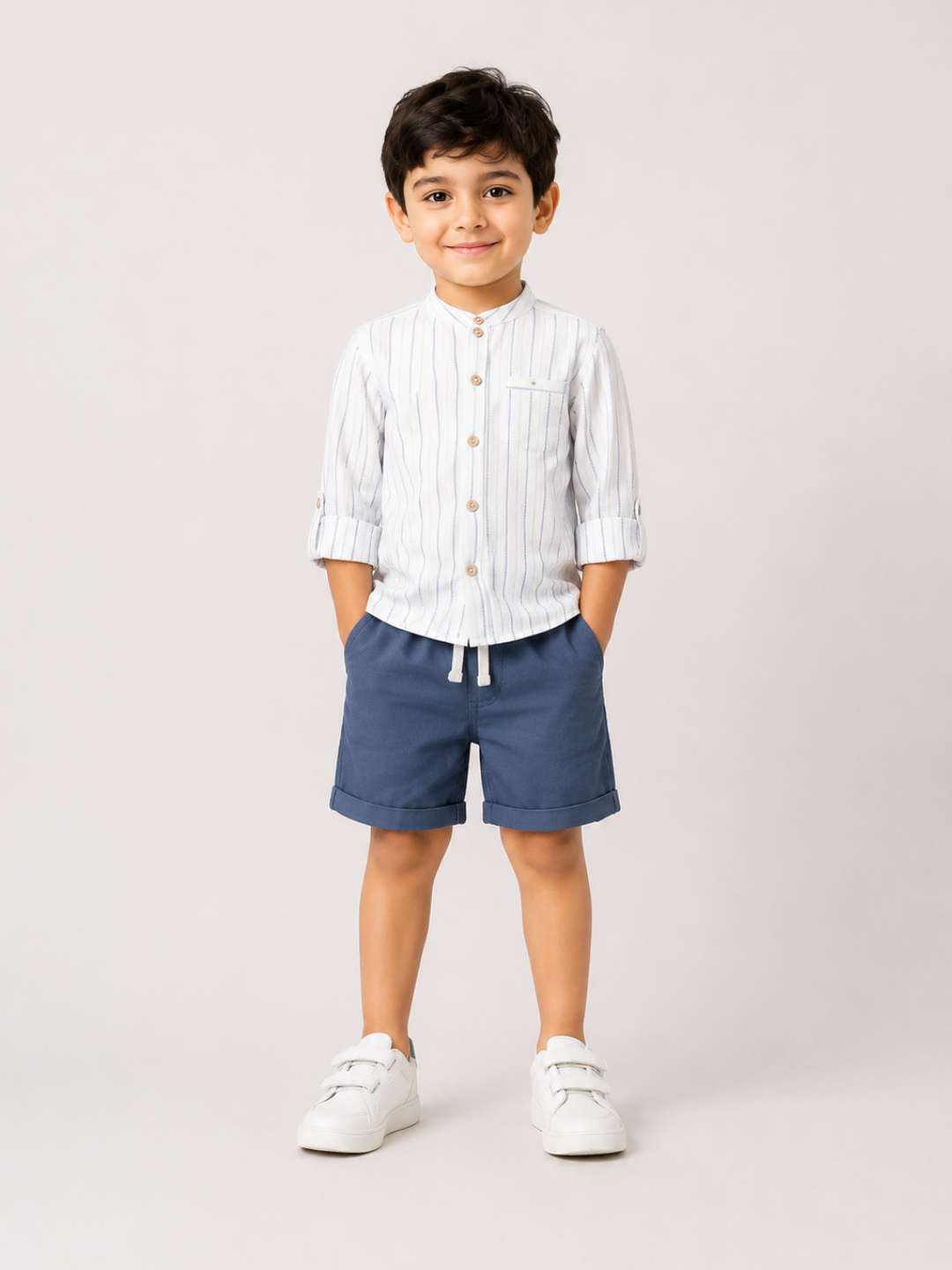 Boys White Striped Cotton Shirt with Blue Shorts Set | Premium Summer Co-Ord Outfit for Toddlers & Kids (2–8 Years)