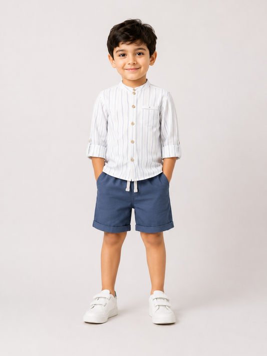Boys White Striped Cotton Shirt with Blue Shorts Set | Premium Summer Co-Ord Outfit for Toddlers & Kids (2–8 Years)