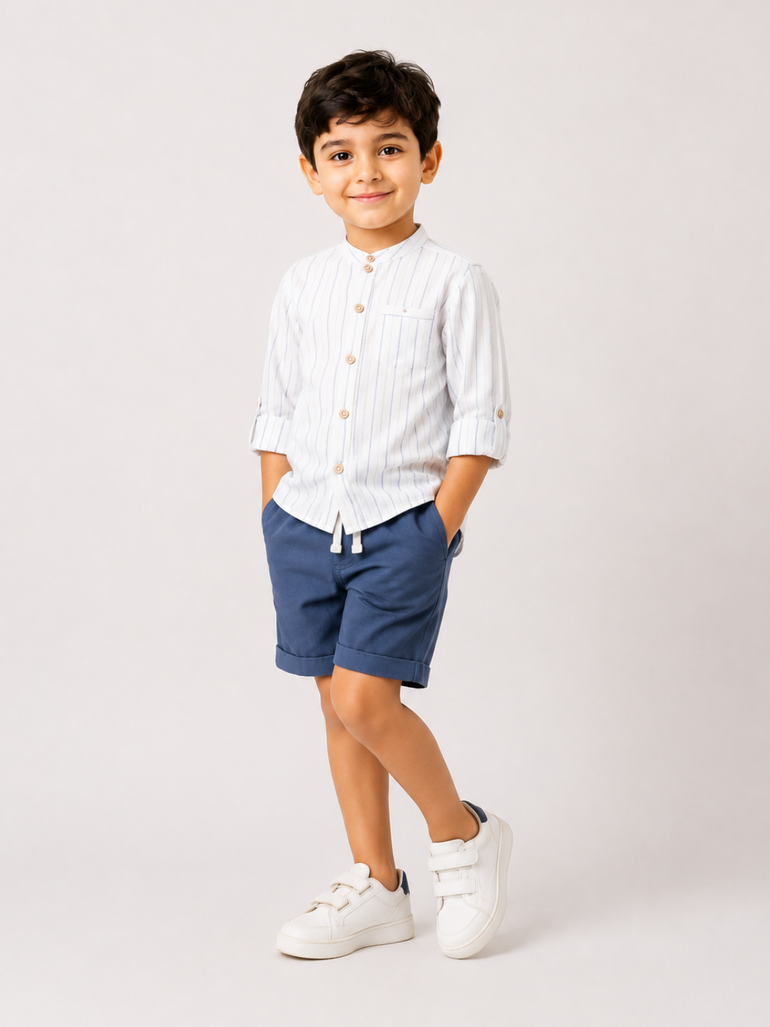 Boys White Striped Cotton Shirt with Blue Shorts Set | Premium Summer Co-Ord Outfit for Toddlers & Kids (2–8 Years)