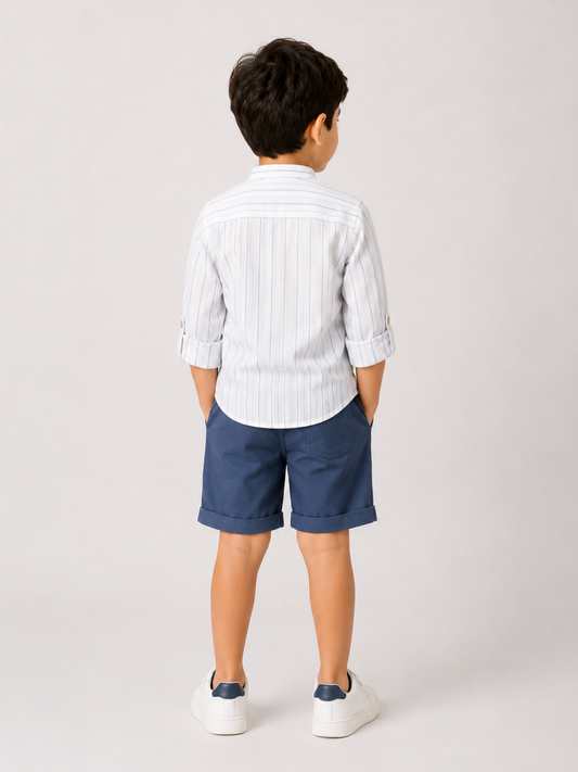 Boys White Striped Cotton Shirt with Blue Shorts Set | Premium Summer Co-Ord Outfit for Toddlers & Kids (2–8 Years)