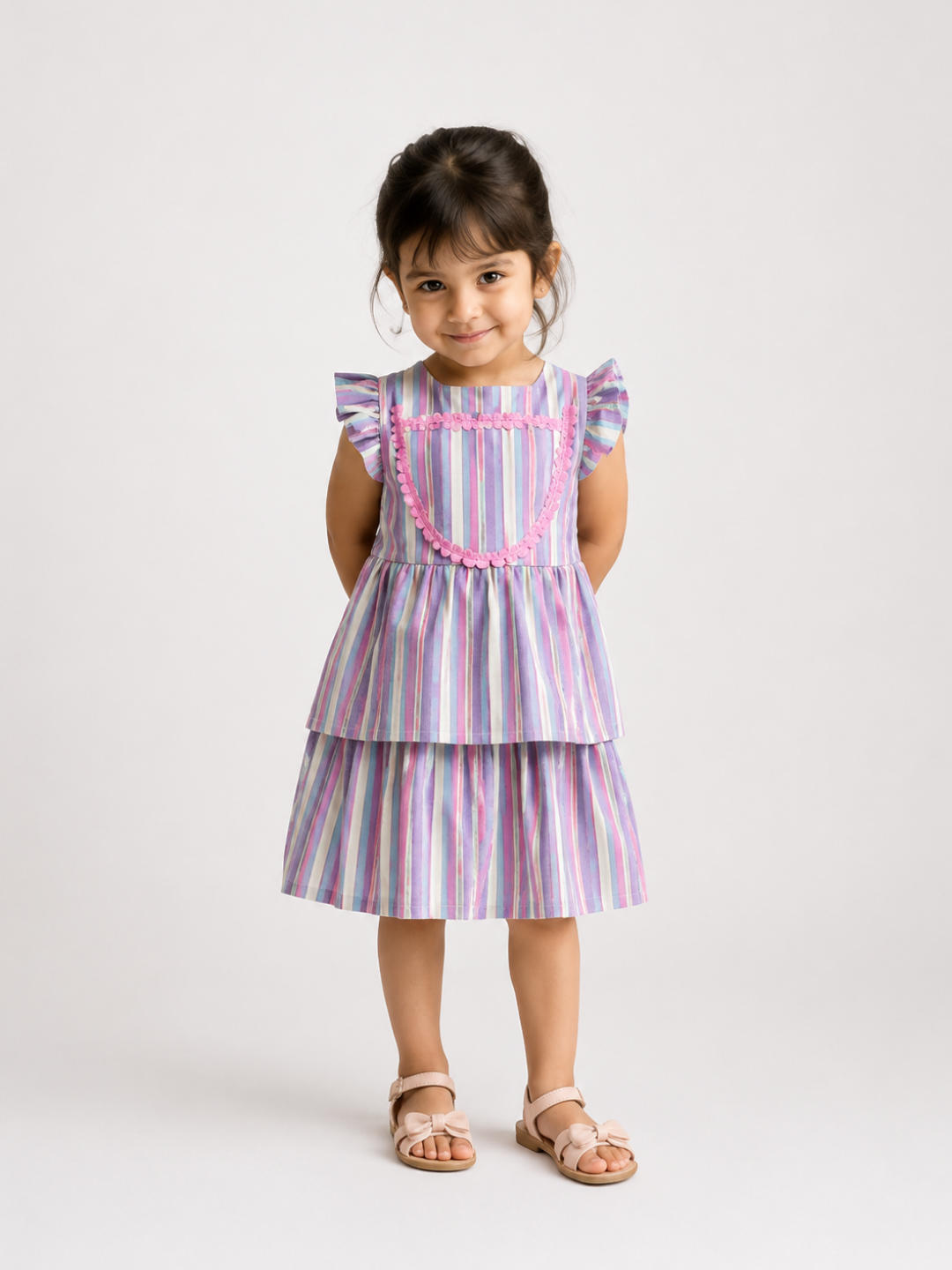 Girls Pastel Striped Layered Dress | Multicolor Cotton Party Wear Dress for Toddlers & Kids (2–8 Years)