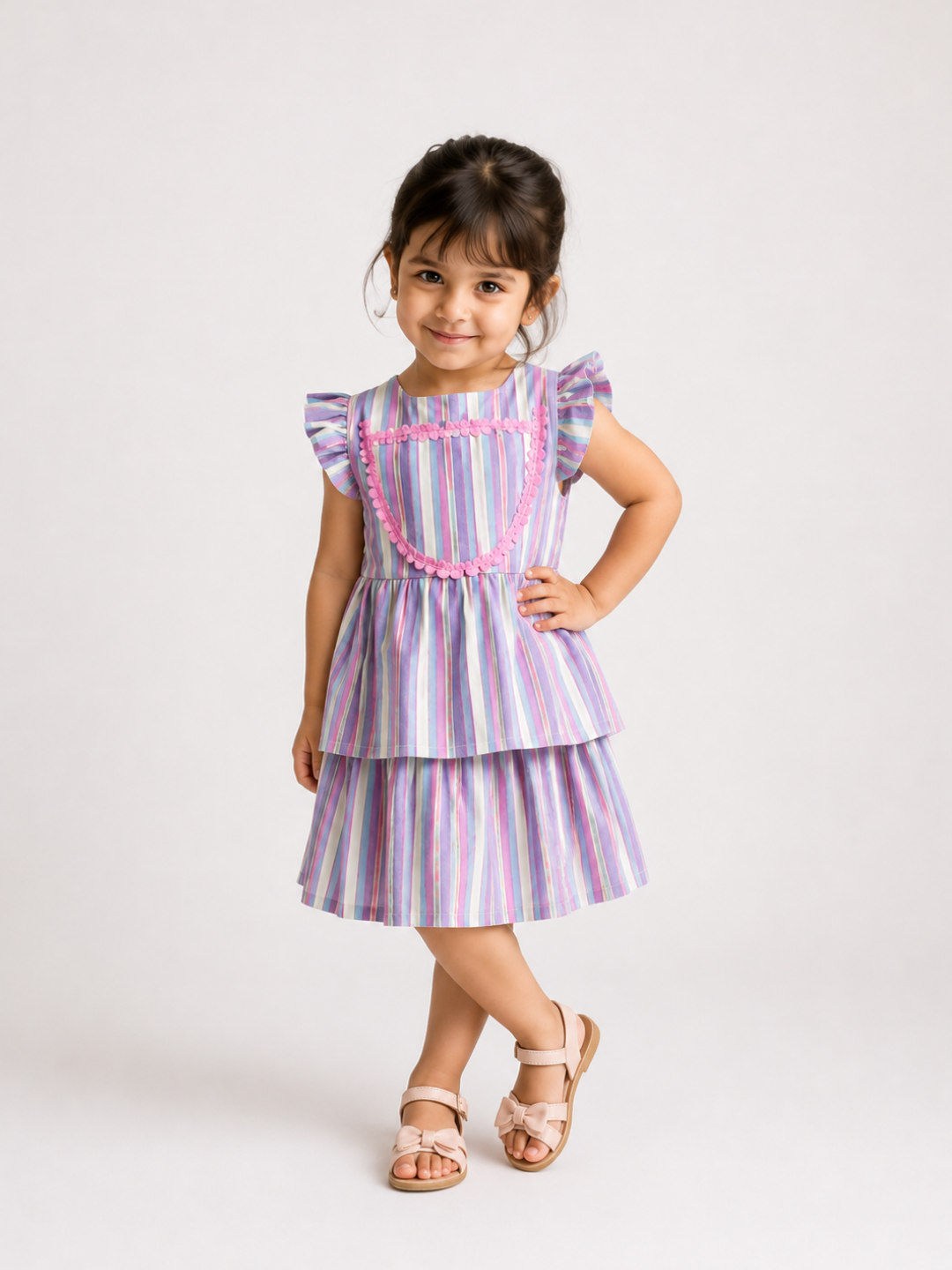 Girls Pastel Striped Layered Dress | Multicolor Cotton Party Wear Dress for Toddlers & Kids (2–8 Years)