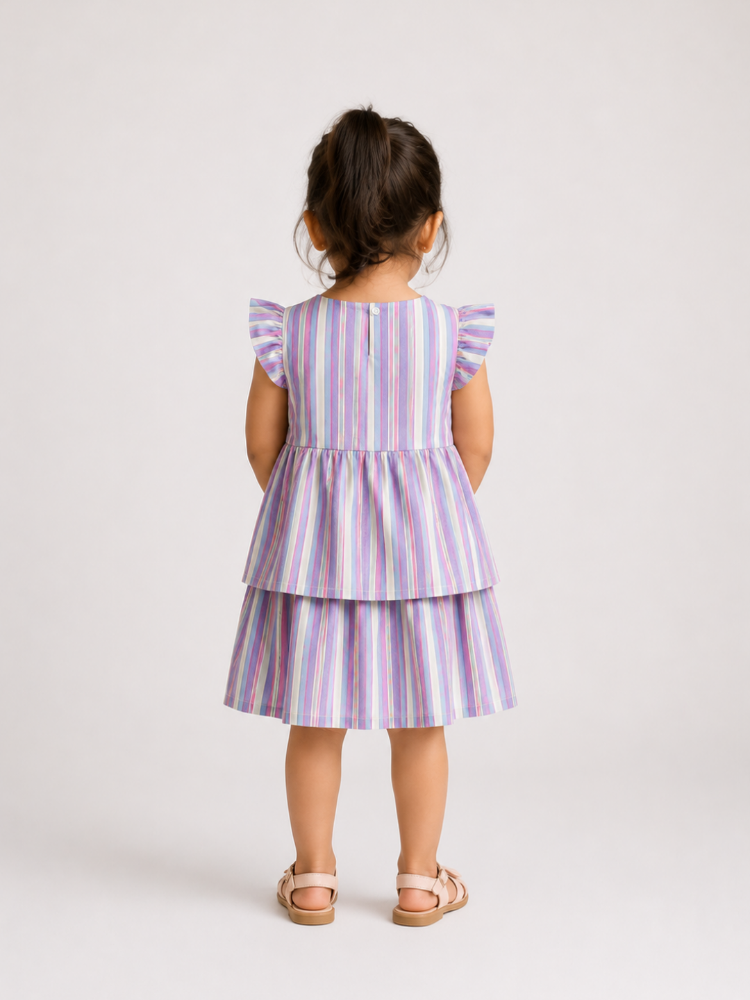 Girls Pastel Striped Layered Dress | Multicolor Cotton Party Wear Dress for Toddlers & Kids (2–8 Years)