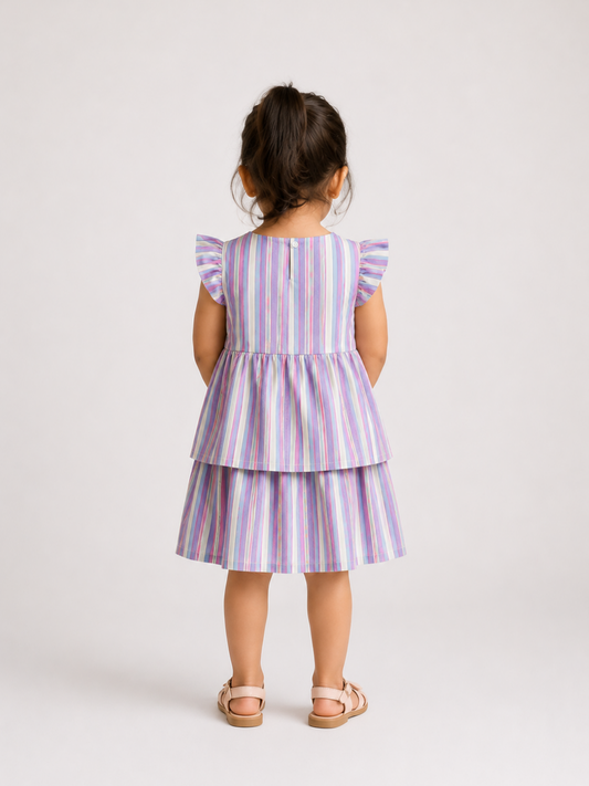 Girls Pastel Striped Layered Dress | Multicolor Cotton Party Wear Dress for Toddlers & Kids (2–8 Years)