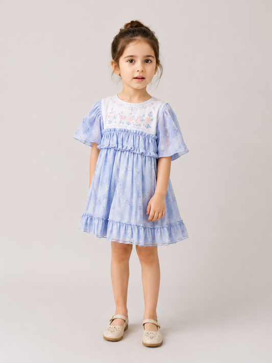 Girls Sky Blue Floral Embroidered Dress | Cotton Party Wear Dress with Ruffle Details for Toddlers & Kids (2–8 Years)