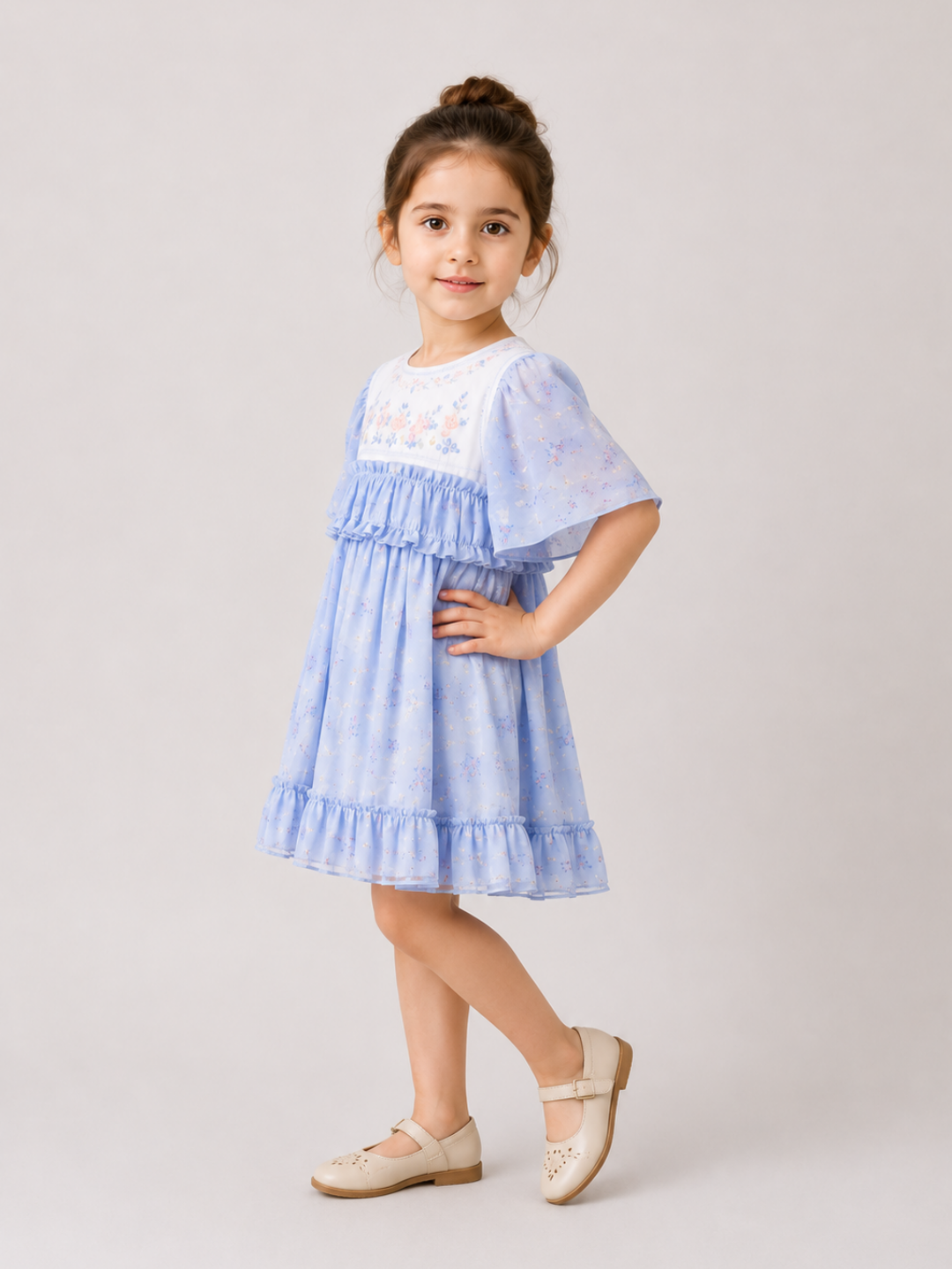Girls Sky Blue Floral Embroidered Dress | Cotton Party Wear Dress with Ruffle Details for Toddlers & Kids (2–8 Years)