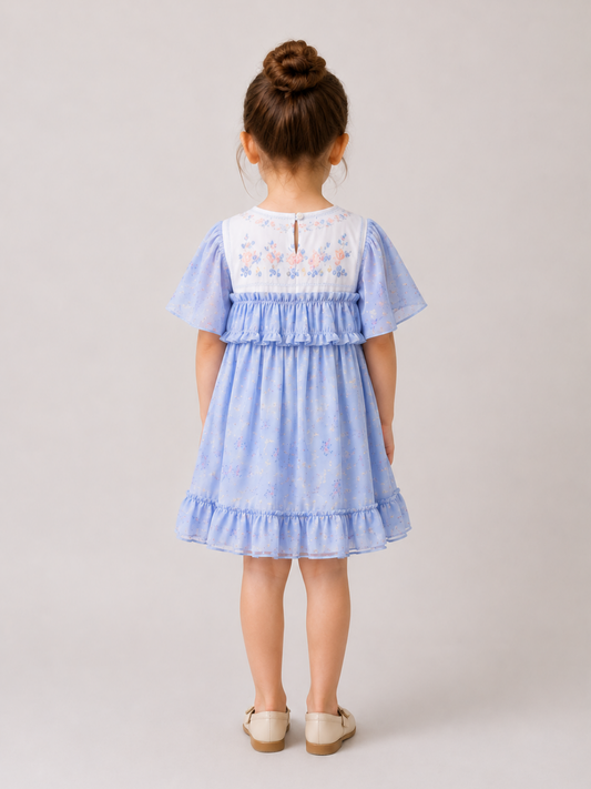 Girls Sky Blue Floral Embroidered Dress | Cotton Party Wear Dress with Ruffle Details for Toddlers & Kids (2–8 Years)