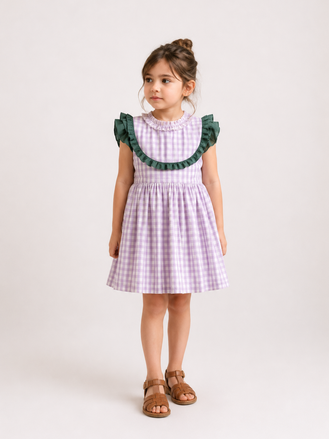 Girls Lavender Gingham Dress | Cotton Checkered Dress with Green Ruffle Details for Toddlers & Kids (1–5 Years)